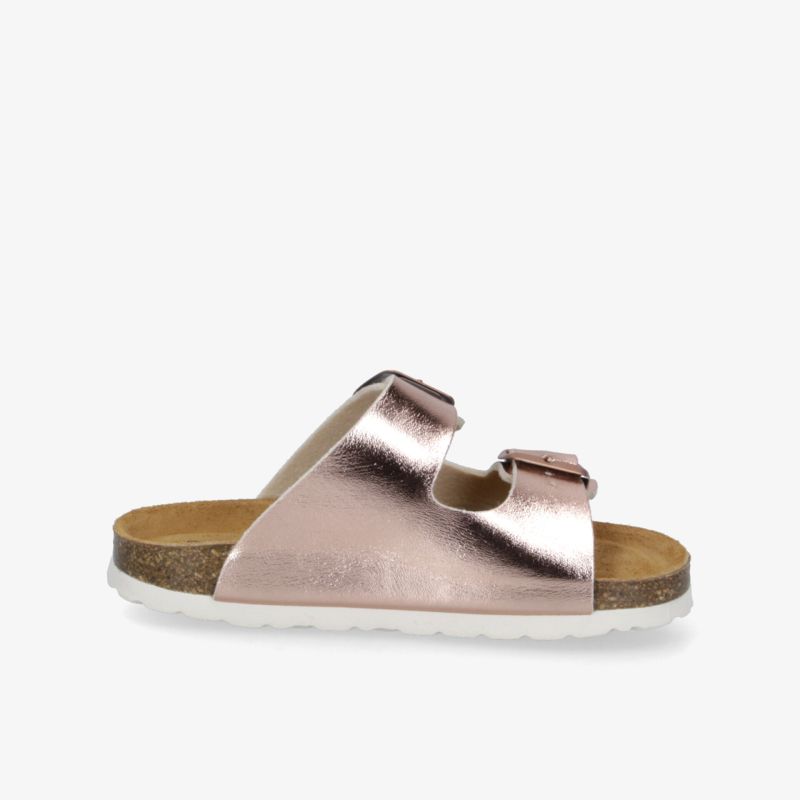 seitliche Ansicht einer verstellbaren metallic Sandale mit weichem Fußbett und robuster Sohle