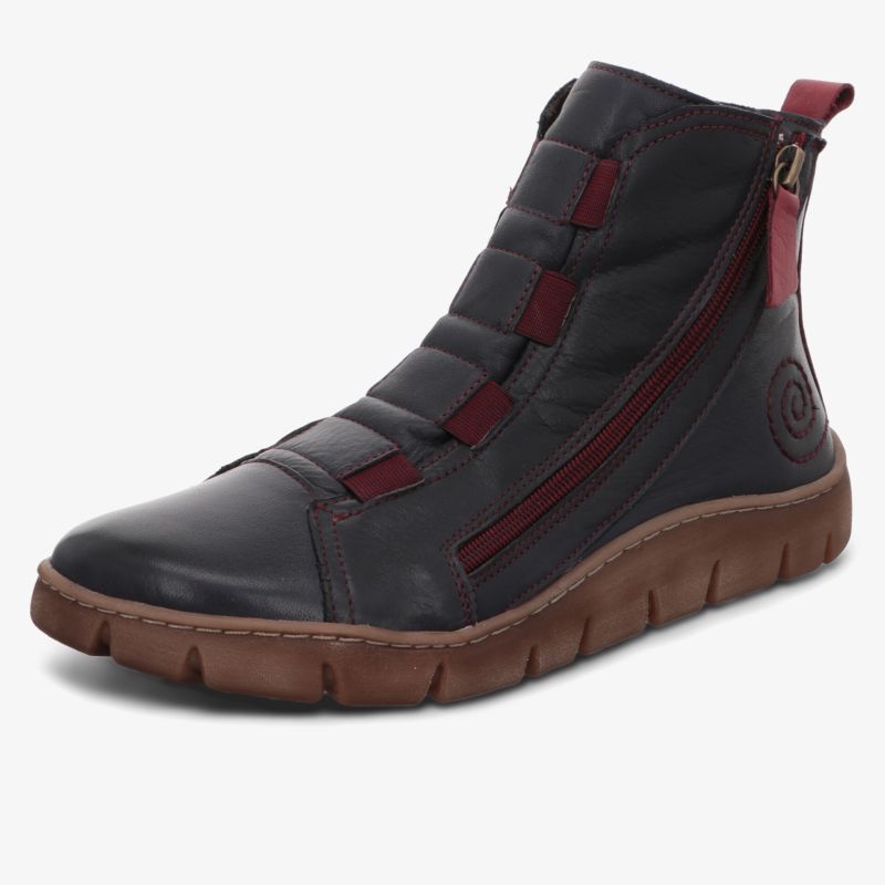 Bequemer schwarzer Schuh mit rotem Reißverschluss und brauner flexibler Sohle, modernes lässiges Design
