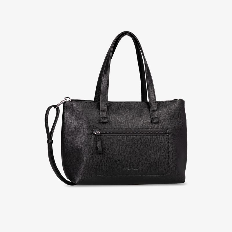 Schwarze elegante Handtasche mit robustem Material, geräumigem Innenraum und abnehmbarem Schulterriemen in schräger Frontansicht