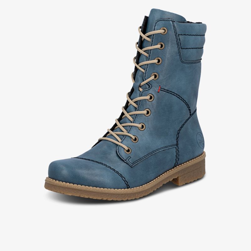 Robuster blauer Schnürstiefel mit gepolstertem Schaft und stabilem Absatz für vielseitigen Komfort