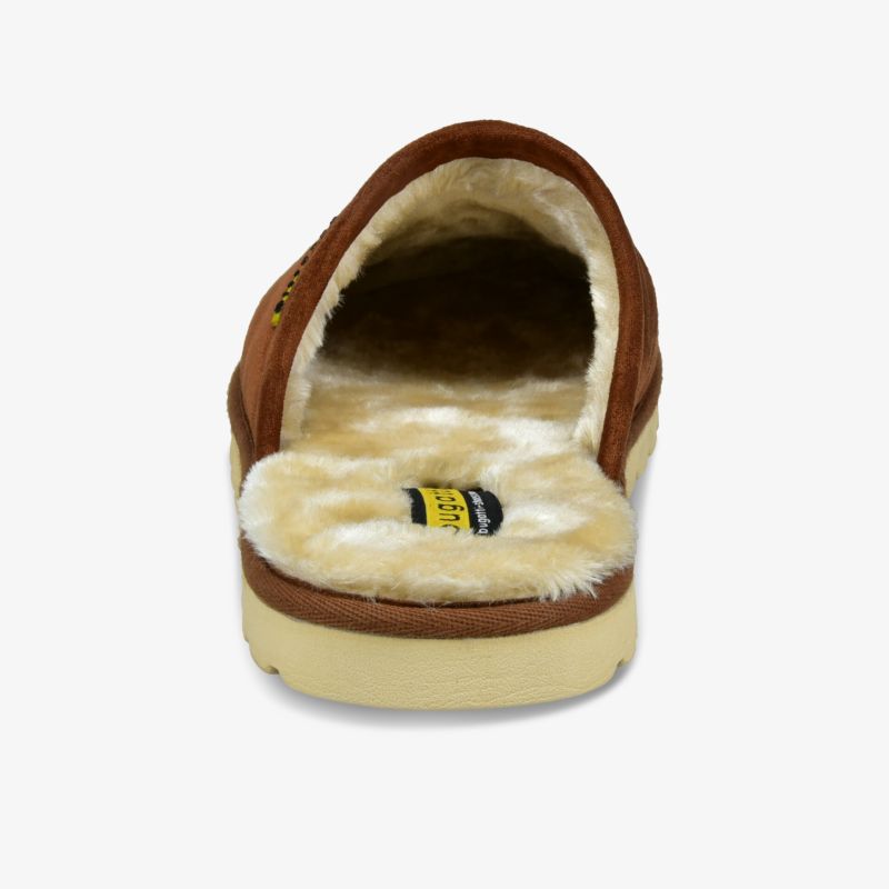 Rückansicht eines warmen und kuscheligen Hausschuhs mit weichem Fellfutter und rutschfester Sohle