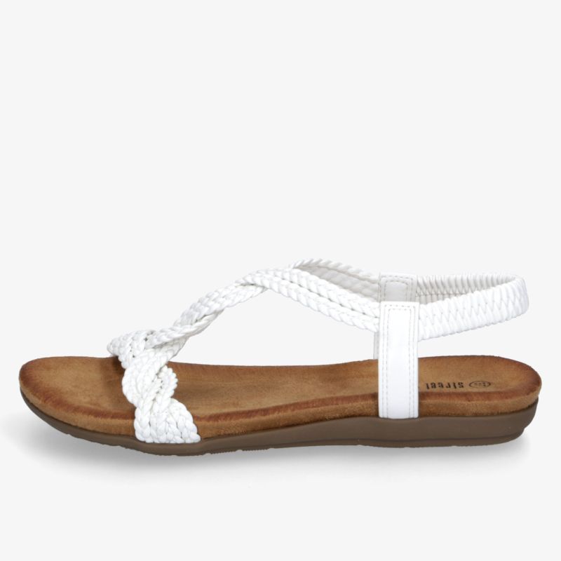 Weiße Sandale mit geflochtenem Riemen und verstellbarem Riemen, flache bequeme Sohle, seitliche Ansicht