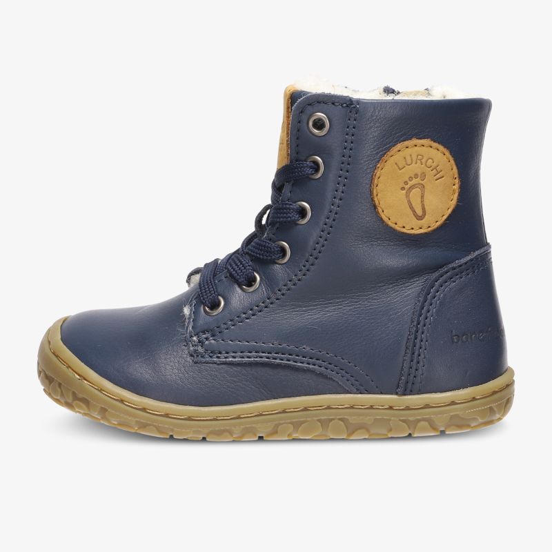 Blauer Lederschuh mit hohem Schaft und warmer Fütterung. Robuste Gummisohle sorgt für Komfort und Stabilität.