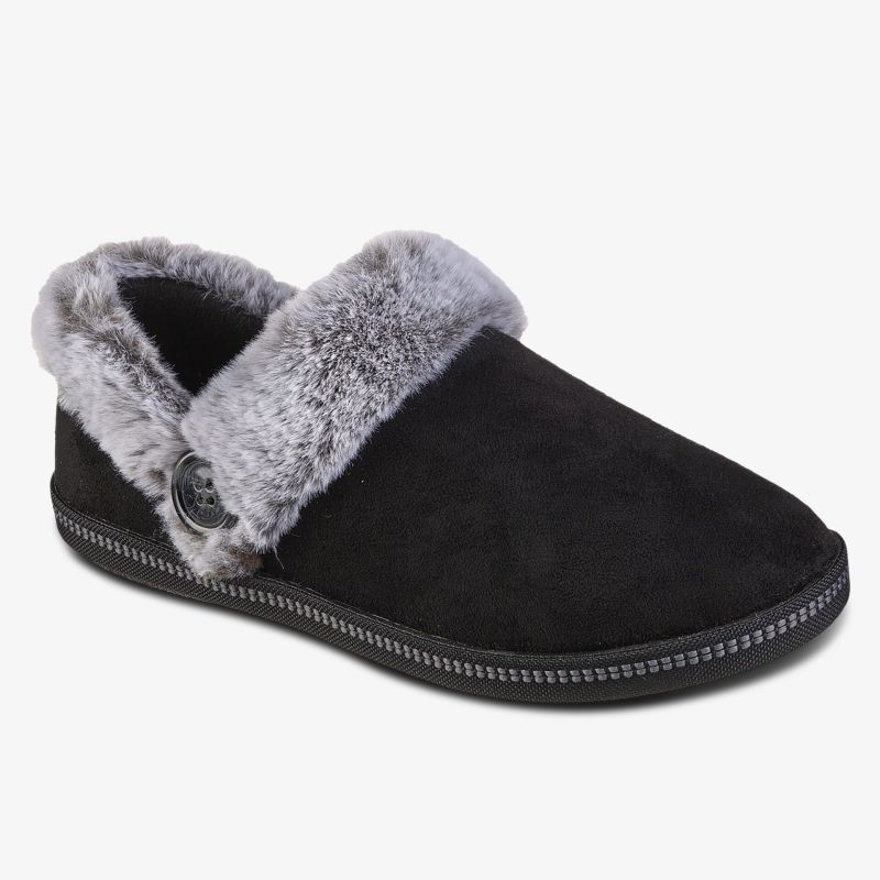 Komfortabler schwarzer Hausschuh mit weichem, grauem Fellbesatz und rutschfester Sohle für gemütliche Stunden