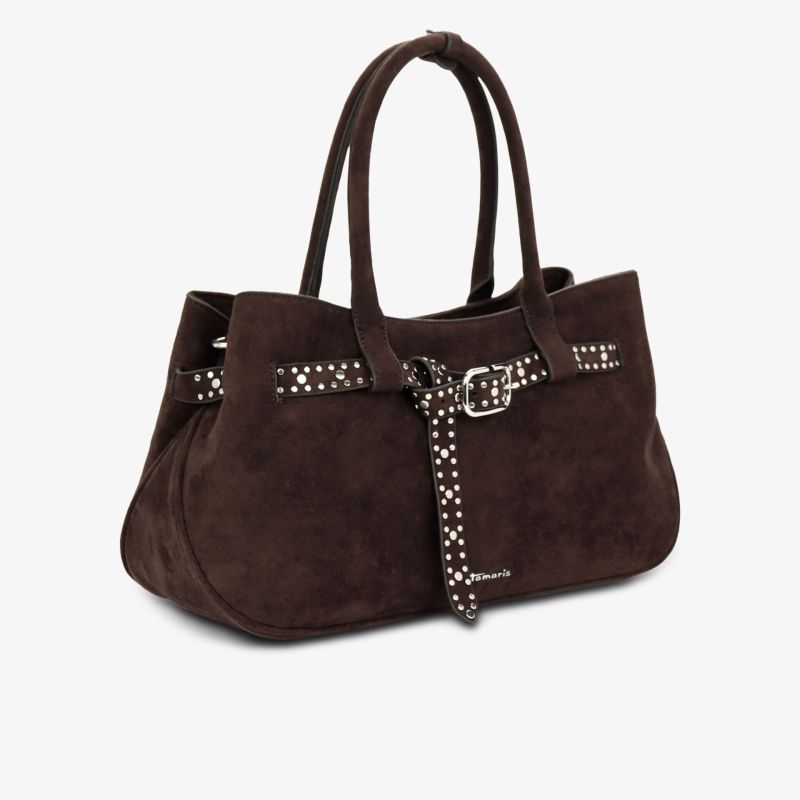 Braune Wildledertasche mit silbernen Nieten und dekorativem Gürtel, geräumig und elegant gestaltet