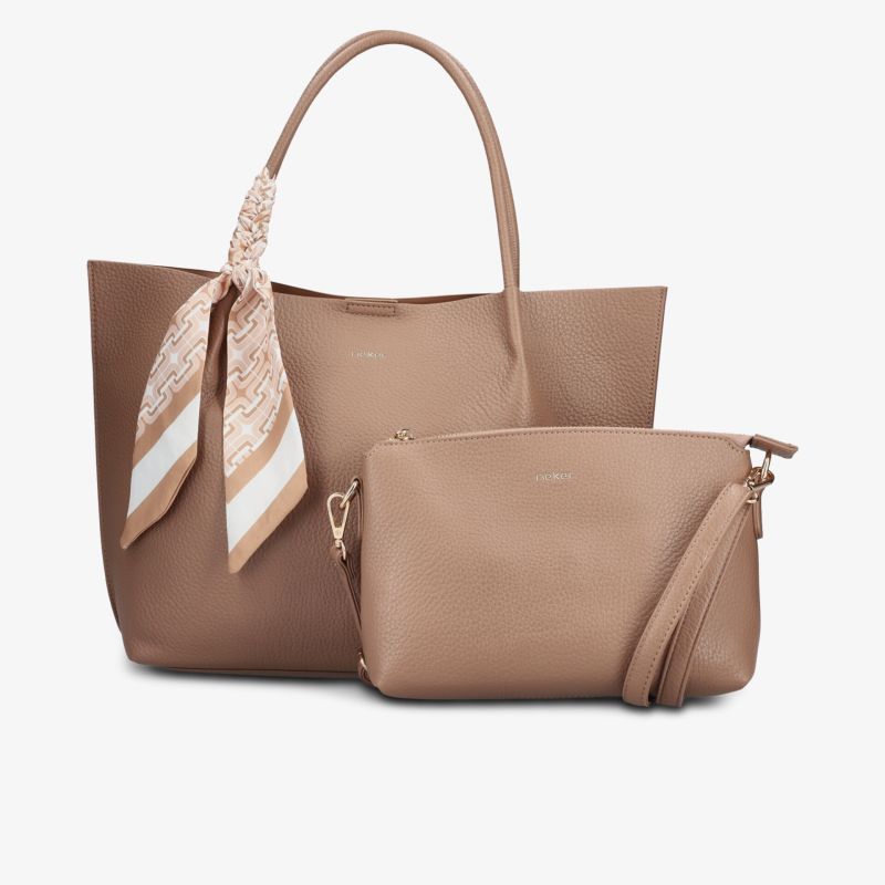 Zwei elegante beige Taschen mit langem Griff und Reißverschluss, ideal für Alltag und Organisation