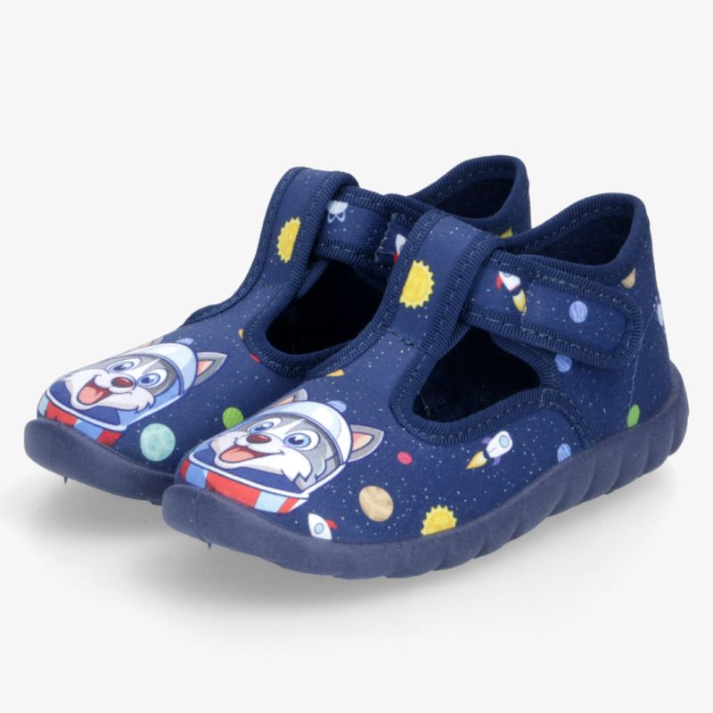 Bequeme Kinder Hausschuhe mit Roboter Motiv, verstellbarem Klettverschluss und rutschfester Sohle für sicheren Halt.