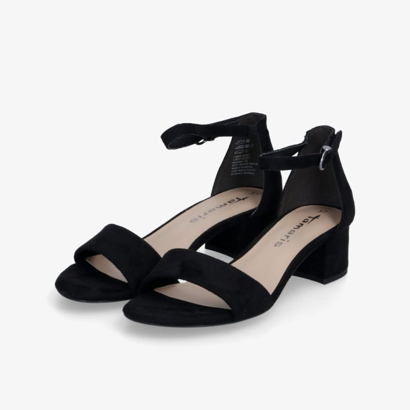 Elegante schwarze Sandaletten mit bequemem Blockabsatz und verstellbarem Knöchelriemen, ideal für verschiedene Anlässe