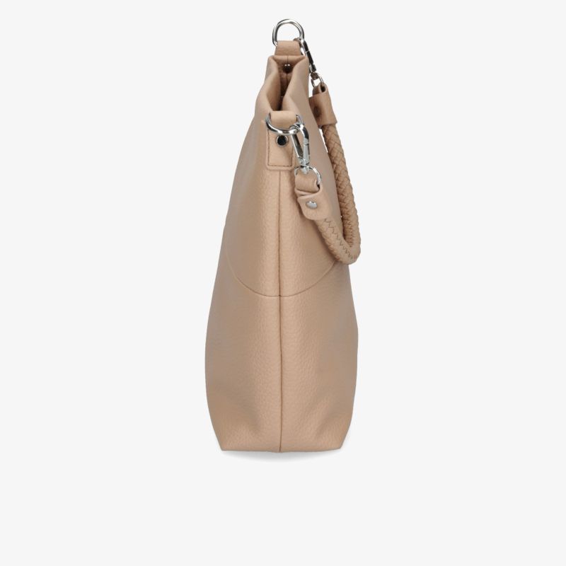 Seitliche Ansicht einer eleganten beige Handtasche mit glattem Material und stabilem Metallverschluss.