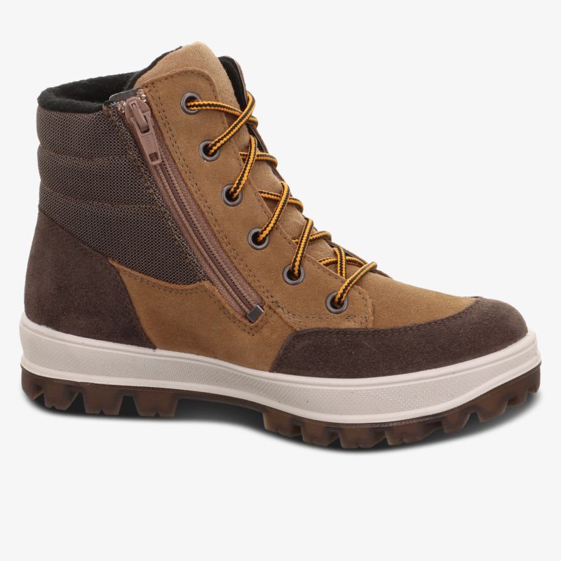 Seitliche Ansicht eines robusten, warm gefütterten und wasserdichten braunen Winterstiefels mit Reißverschluss