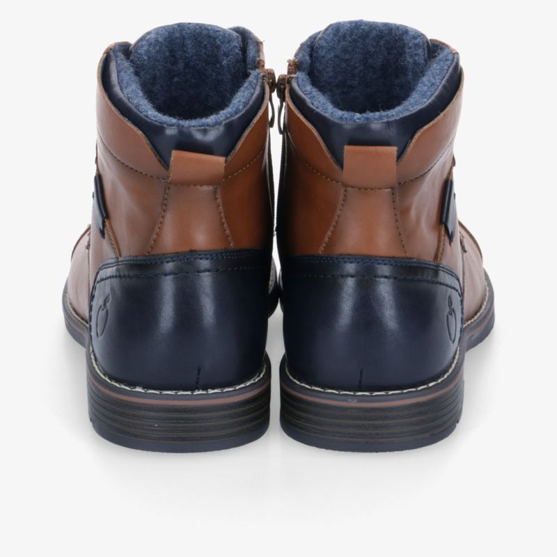 Zweifarbige Leder-Winterstiefel mit warmem Innenfutter und robustem Design, perfekt für kalte Tage.