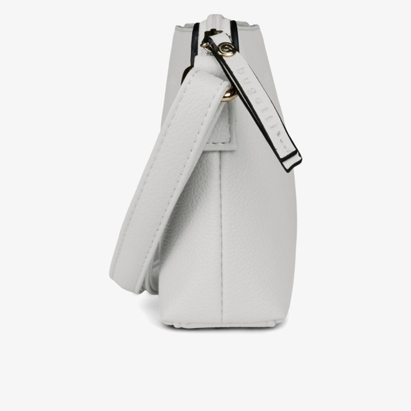Weiße kompakte Tasche mit glatter Oberfläche und elegantem Reißverschluss, seitliche Ansicht