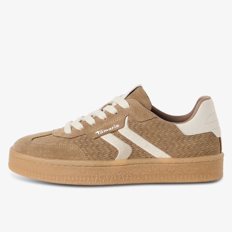 Seitliche Ansicht eines bequemen beige Sneaker mit atmungsaktivem Material und leichter Sohle