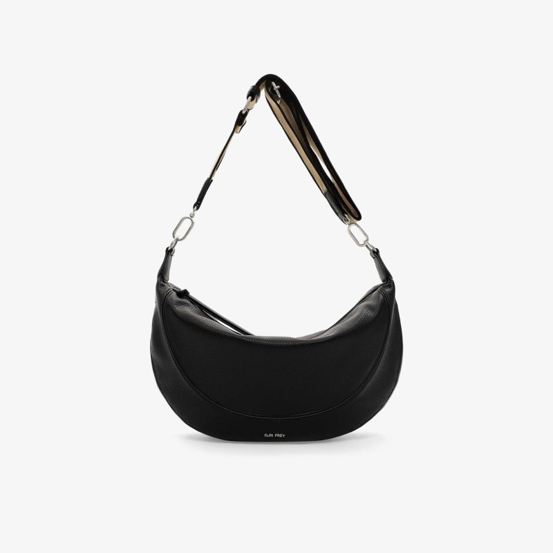Schwarze halbrunde Tasche mit verstellbarem Schulterriemen und modernem minimalistischen Design