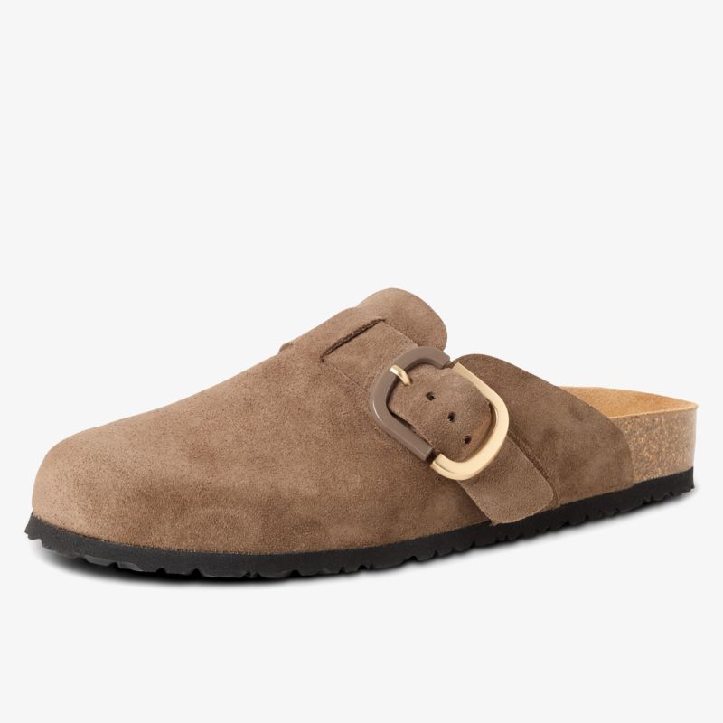 Bequemer brauner Clog mit verstellbarer Schnalle und schwarzer Sohle