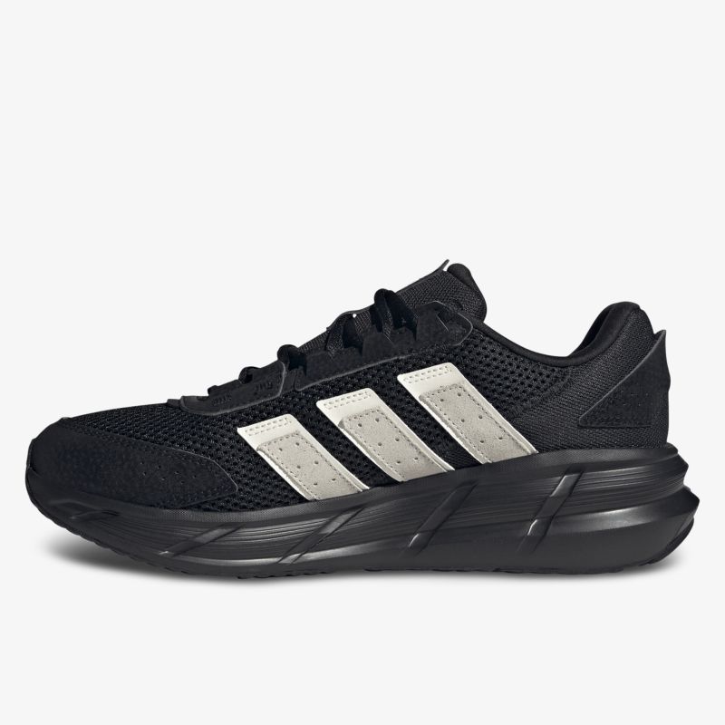 Moderner atmungsaktiver Laufschuh in Schwarz mit weißer Drei-Streifen-Logo und gepolsterter Sohle