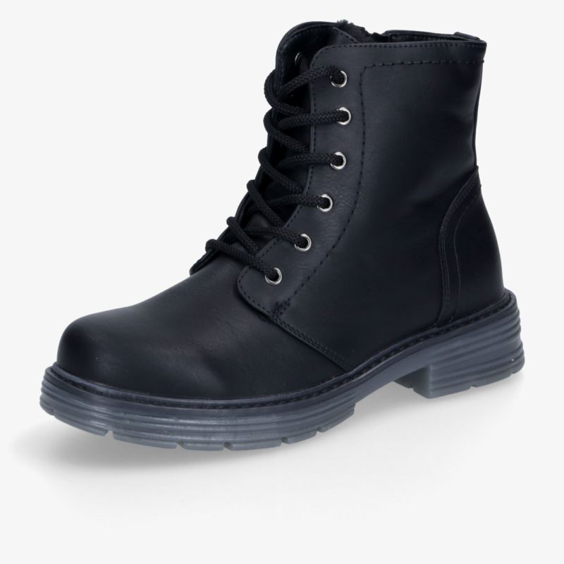 Schwarzer robuster Schnürstiefel mit rutschfester Sohle und bequemem Design in schräger Vorderansicht