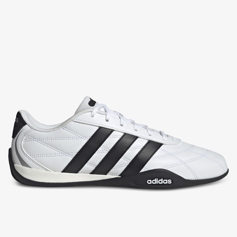 Leichter weißer Sneaker mit schwarzem Streifendetail und strapazierfähiger Sohle, seitliche Ansicht