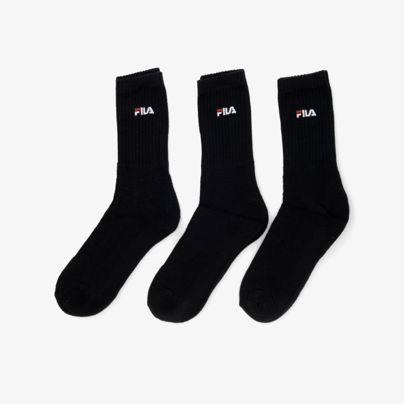 Drei schwarze Socken mit weißem Logo, atmungsaktiv und elastisch für hohen Tragekomfort