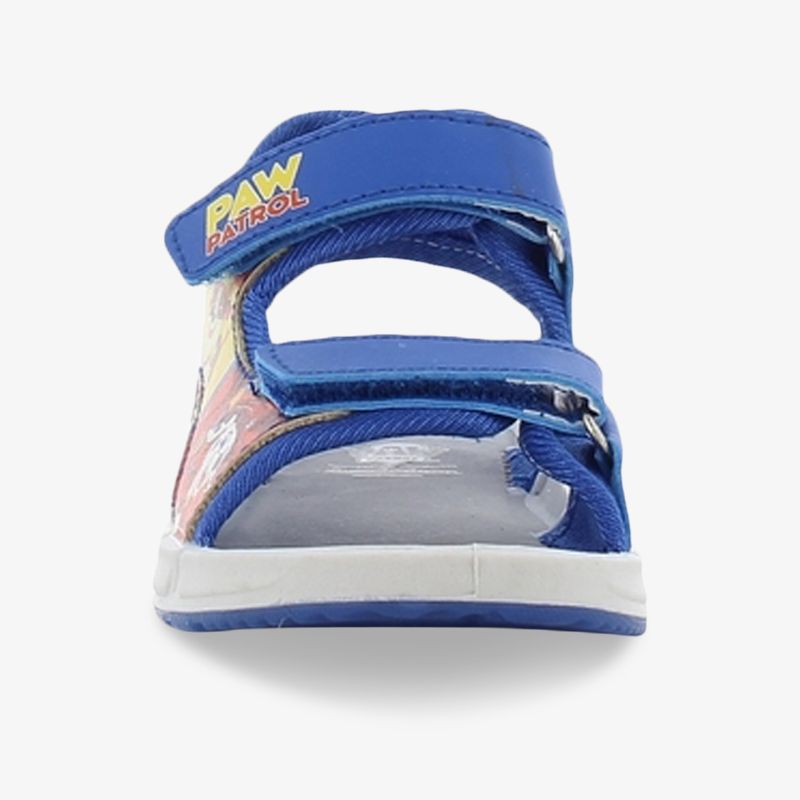 Bequeme blaue Kinder-Sandale mit verstellbarem Klettverschluss und robuster, rutschfester Sohle, frontale Ansicht