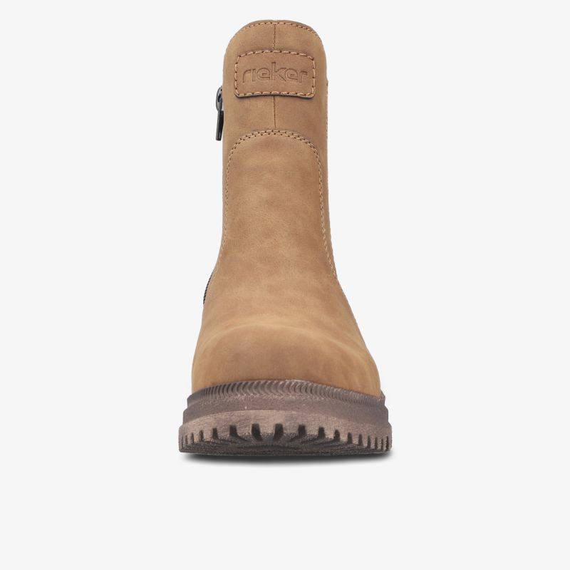 Robuster brauner Stiefel mit Reißverschluss und profilierter Gummisohle in frontaler Ansicht