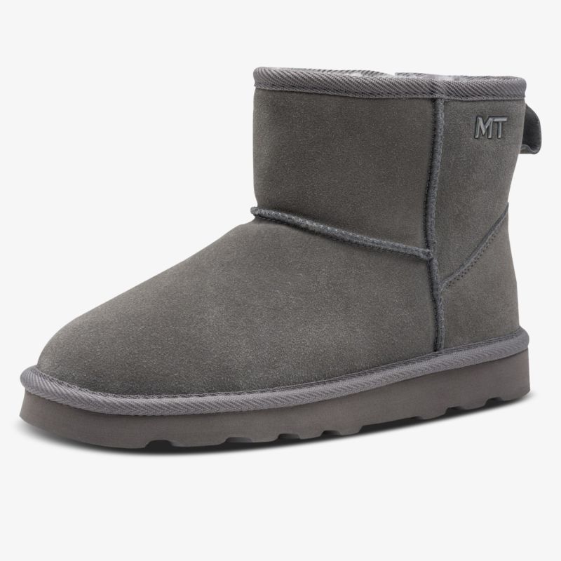 Warmer grauer Kurzstiefel aus Veloursleder mit flacher Sohle und praktischem Schlupfdesign