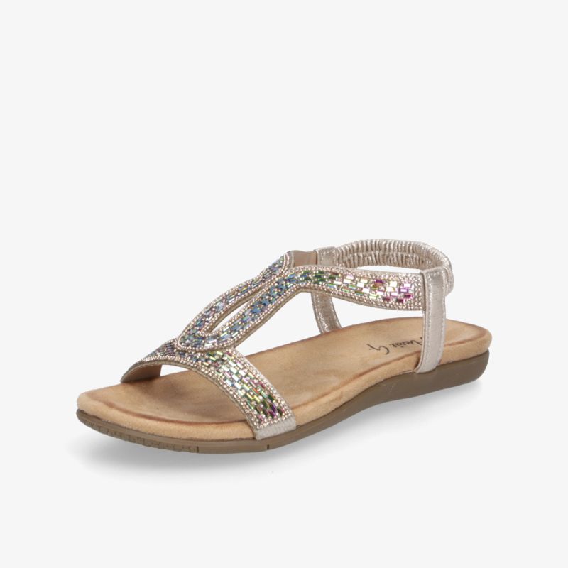 Elegante beige Sandale mit glitzerndem Riemen, flachem Komfort und verstellbarem Verschluss für angenehmen Halt