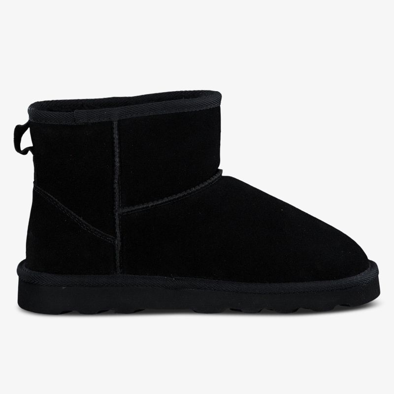 Schwarzer flacher Stiefel mit samtigem Material, rutschfester Sohle, bequem und warm für kalte Tage