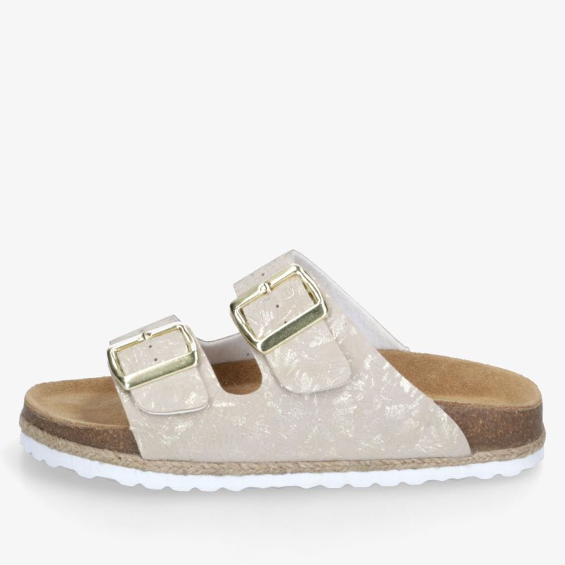 Beige Pantolette mit zwei verstellbaren Schnallen und weichem Fußbett für optimalen Tragekomfort