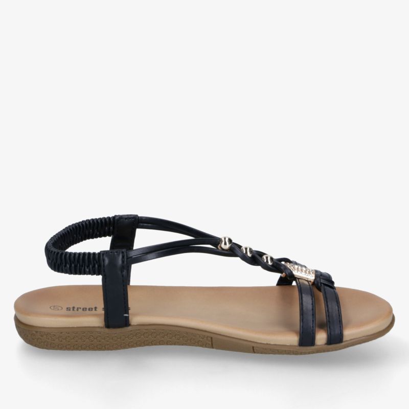 Bequeme flache Sandale mit schwarzen Riemen und braunem Fußbett, ideal für sommerlichen Komfort