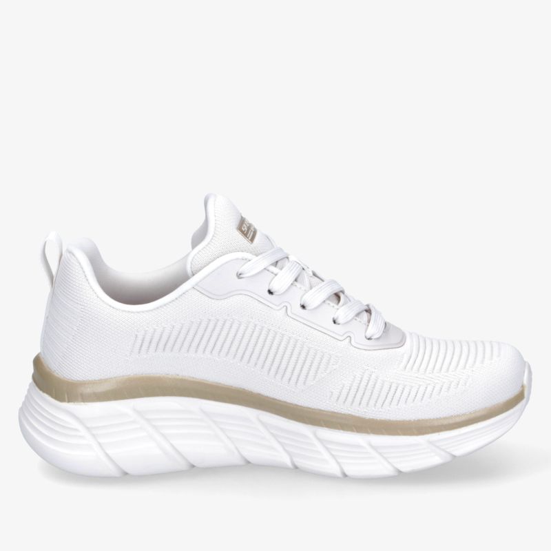 Weißer Sneaker mit beiger Sohle, seitliche Ansicht, leichter und atmungsaktiver Sportschuh mit guter Dämpfung