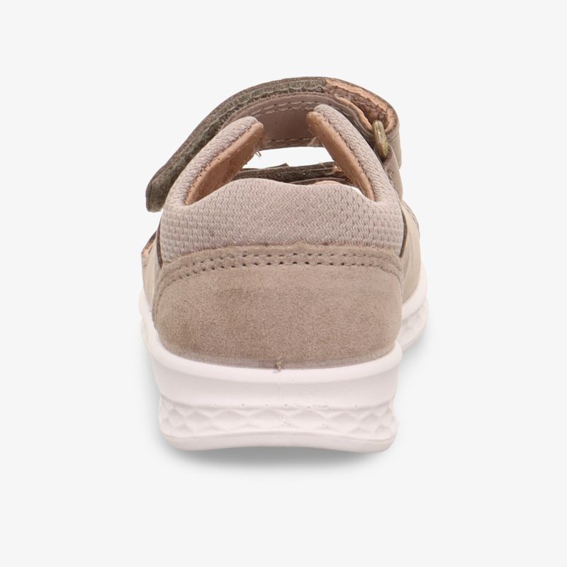 Beiger Sneaker Rückansicht mit weichem Material, rutschfester Sohle und flexiblem Klettverschluss für bequemen Halt