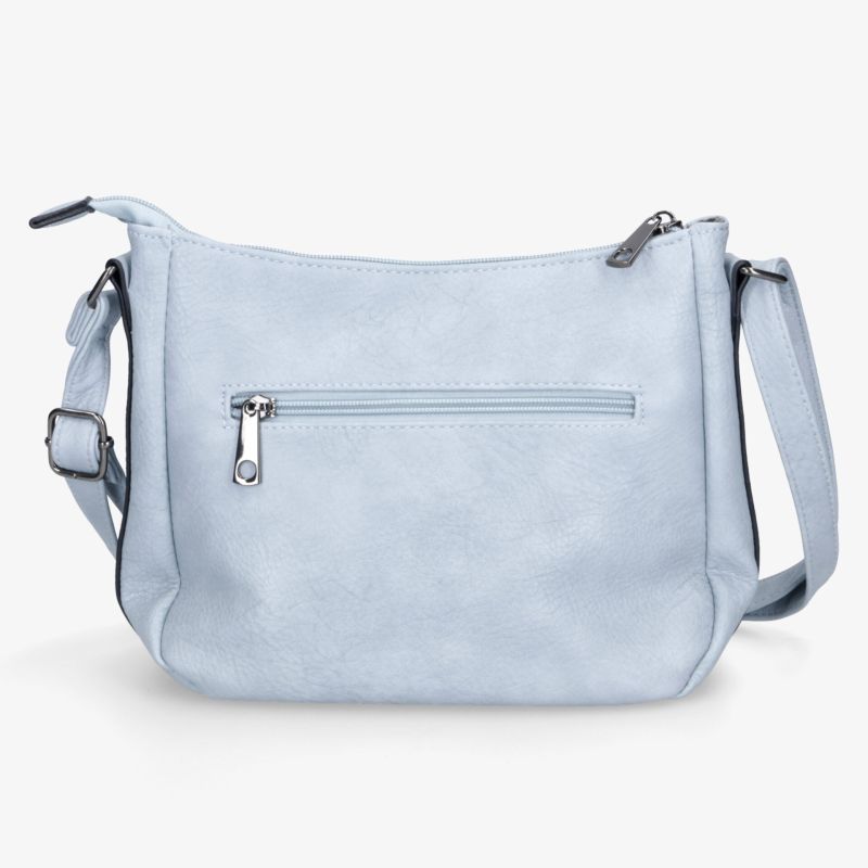 Leichte hellblaue Umhängetasche mit verstellbarem Trageriemen und praktischem Reißverschlussfach, seitliche Ansicht