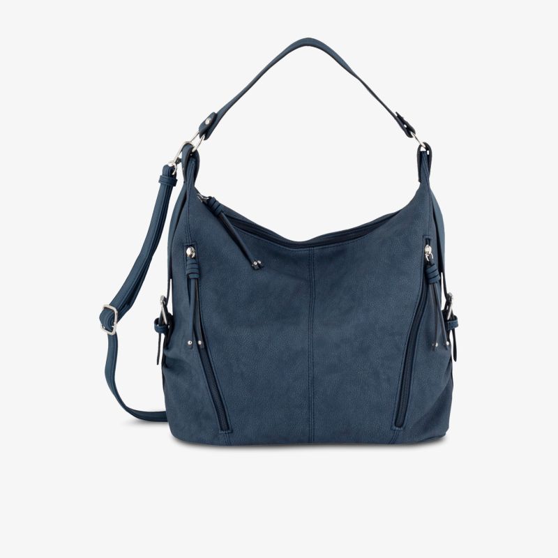 Modische blaue Handtasche mit praktischem, verstellbarem Schultergurt und mehreren Reißverschlusstaschen.