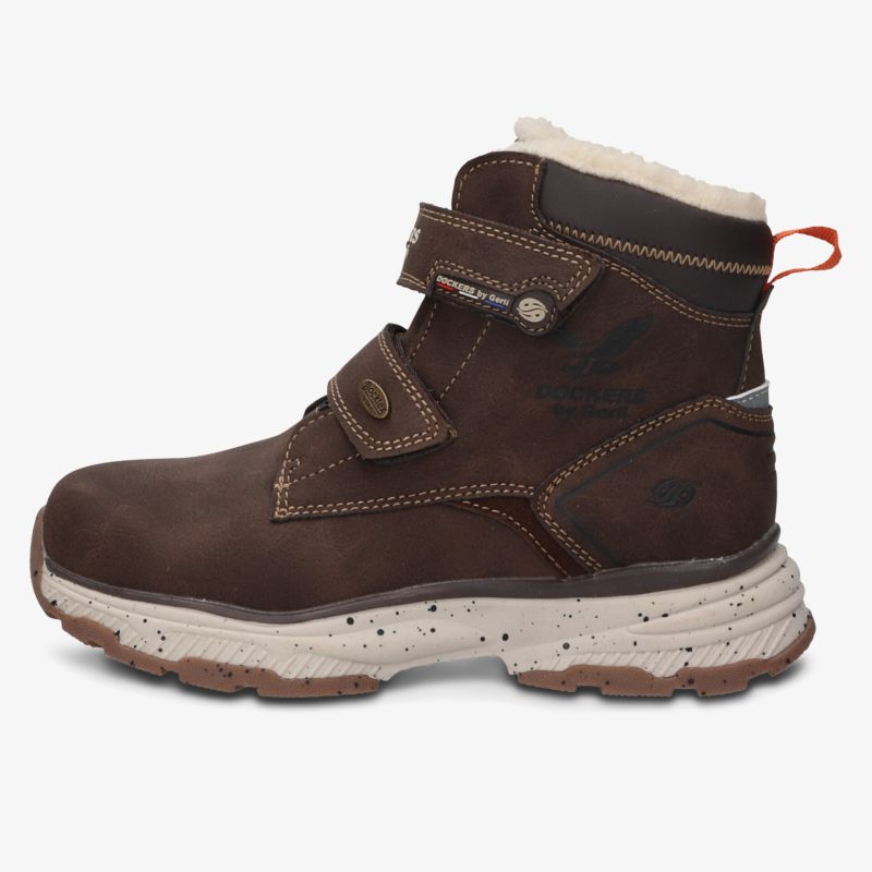 robuster brauner Stiefel mit warmem Innenfutter und verstellbaren Klettverschlüssen komfortabel