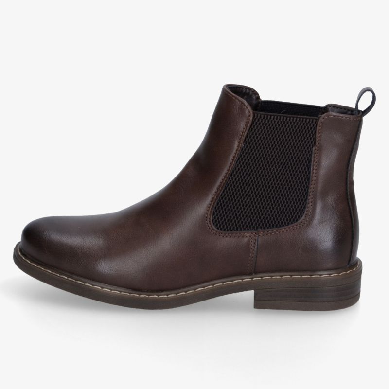 Brauner Chelsea-Boot aus Leder mit elastischem Seiteneinsatz, eleganter Form, Profilsohle und markantem Blockabsatz.