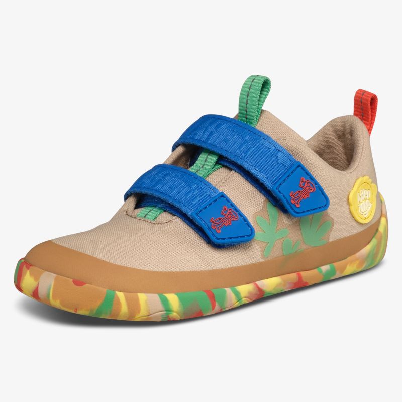 Leichter Schuh mit buntem Sohlenmuster, verstellbaren Klettverschlüssen und weichem, atmungsaktivem Obermaterial