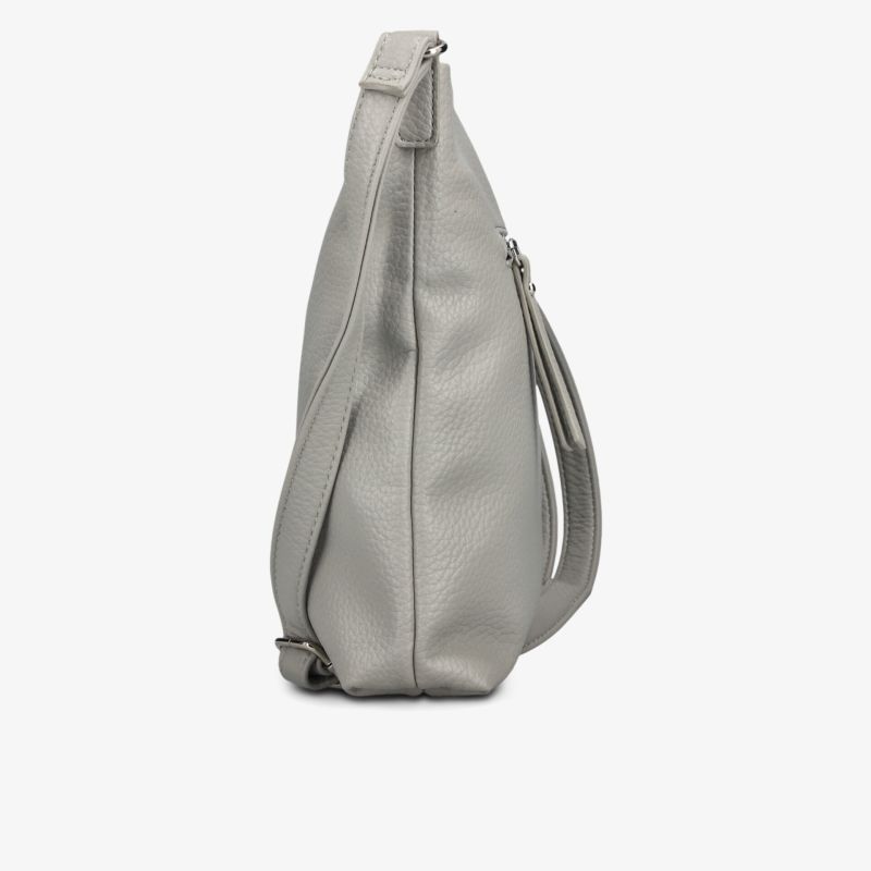 Seitliche Ansicht einer grauen Tasche aus glattem Leder mit stabilem Tragegriff und modernem, elegantem Design