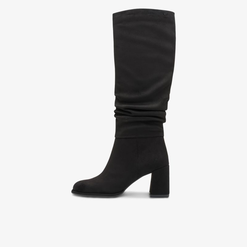 Eleganter schwarzer Stiefel mit hohem Schaft und stabilem Blockabsatz, bequem und modisch
