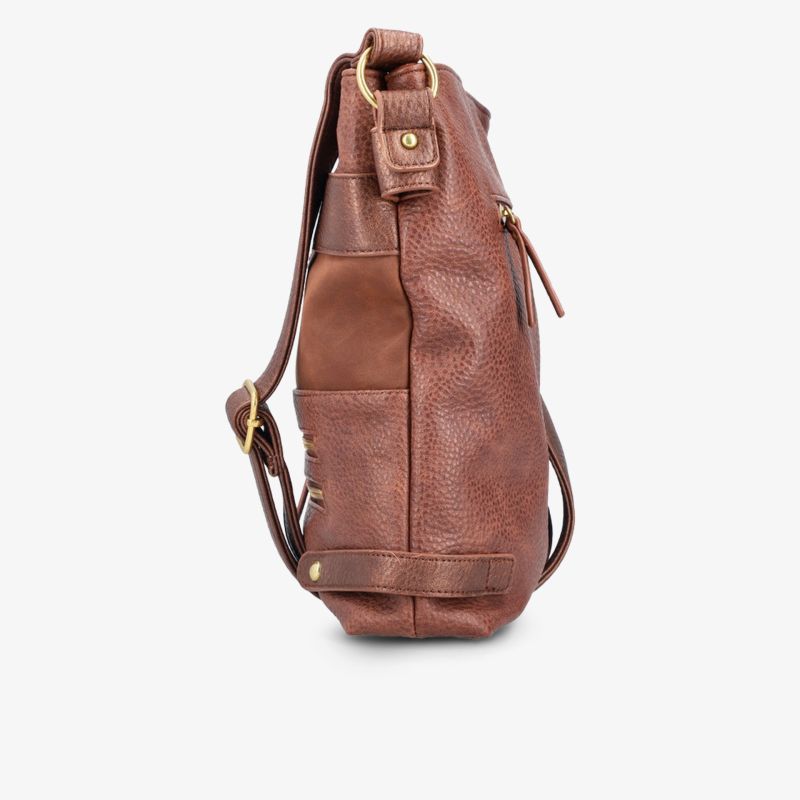 Seitliche Ansicht einer braunen Ledertasche mit Reißverschluss und robustem, elegantem Design