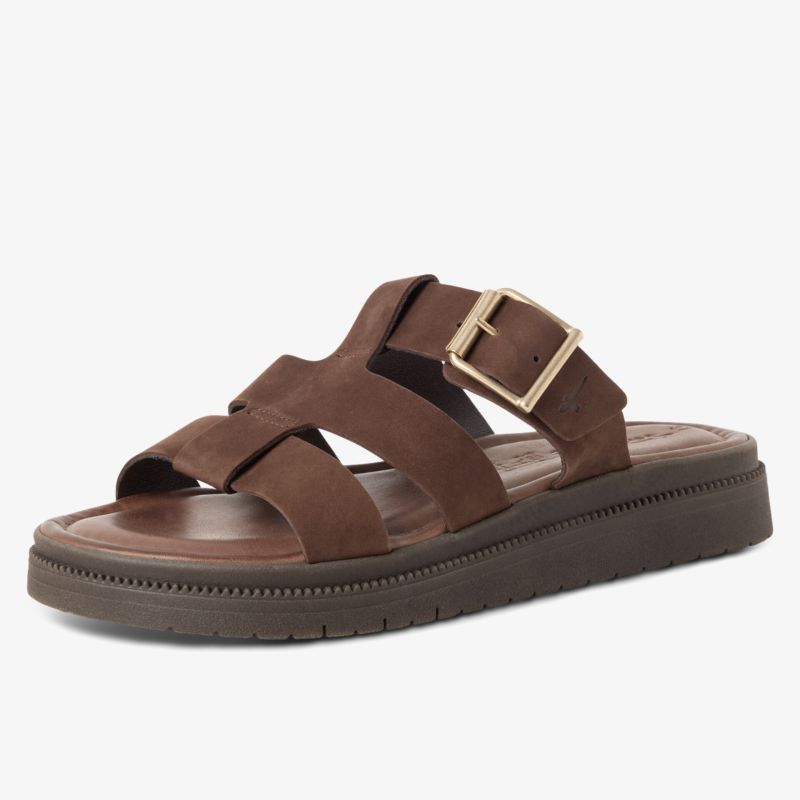 Bequemer brauner Riemenpantoffel mit verstellbarer Schnalle und flacher profilierter Sohle