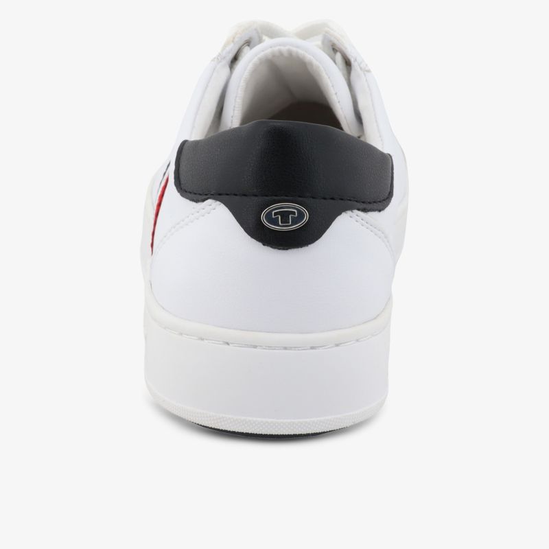 Weiße Sneaker mit schwarzem Fersenbereich, modernes Design und komfortable Passform, Rückansicht