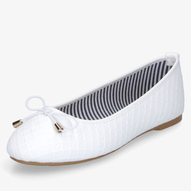 Weißer Ballerina mit Schleife, flacher Schuh, elegantes Design, bequem, gestreiftes Innenfutter sichtbar