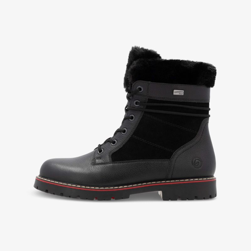 Schwarzer Winterstiefel mit warmem Fellfutter, robust und rutschfester Sohle, seitliche Ansicht