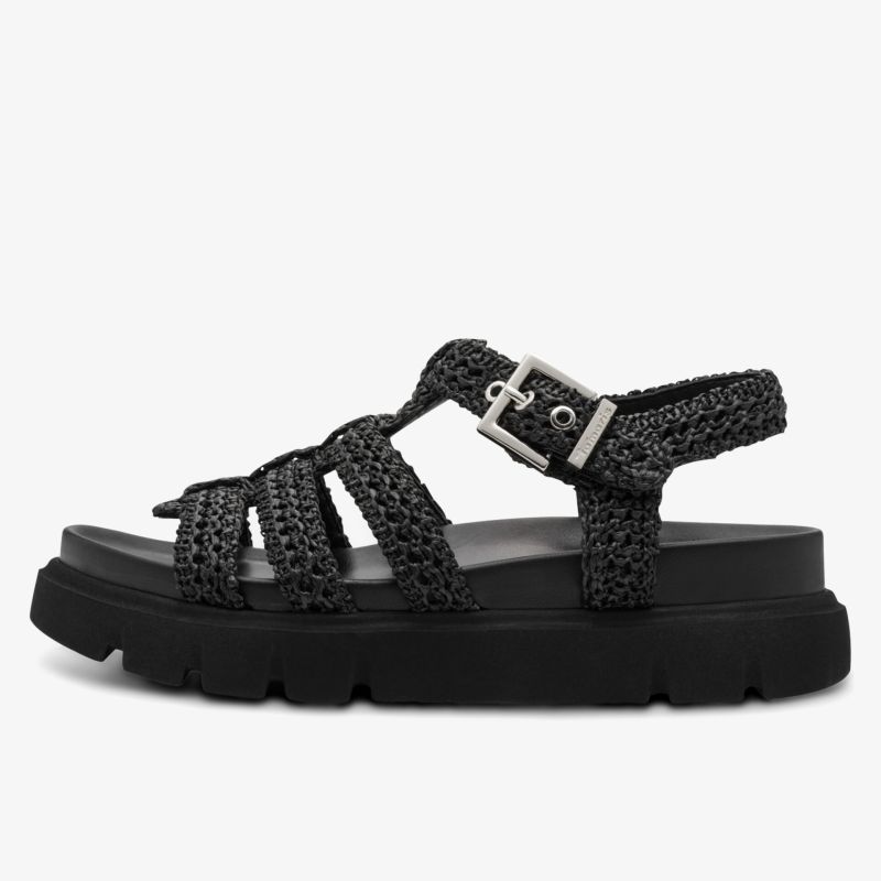 Schwarze Riemen-Sandale mit robuster Sohle und verstellbarem Verschluss.