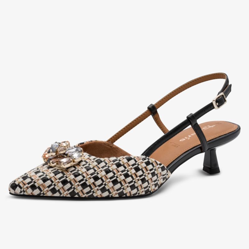 Eleganter Schuh mit gemusterter Oberfläche, Riemchenverschluss und niedrigem Absatz für stilvollen Auftritt
