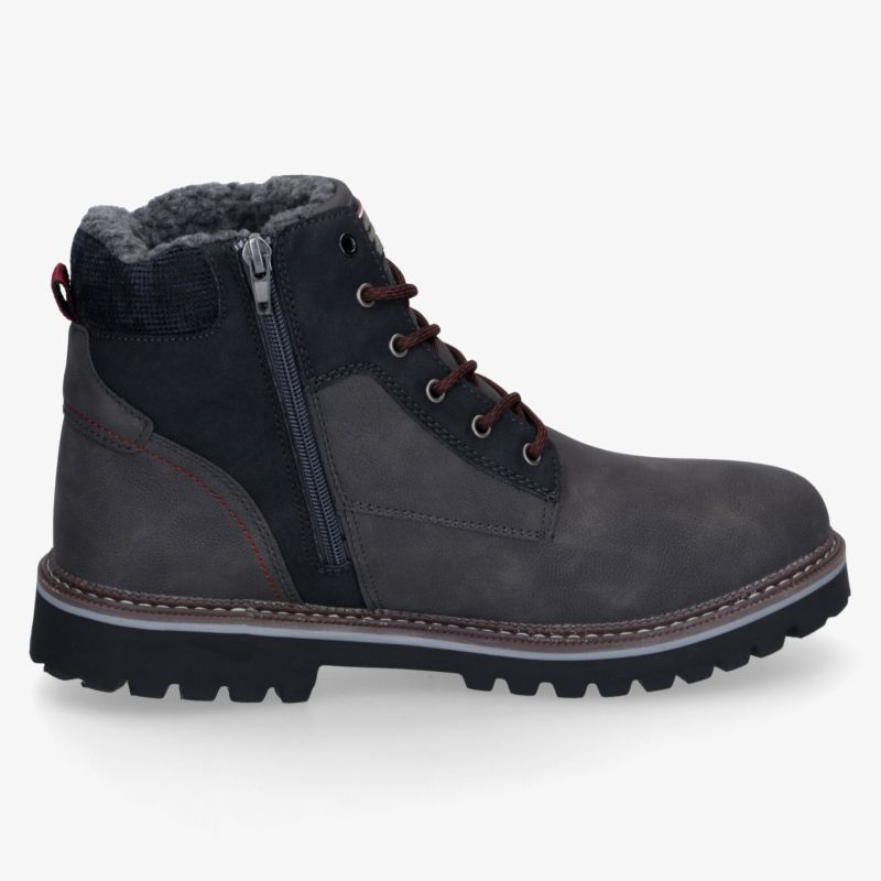 Robuster schwarzer Stiefel mit warmem Futter, markanter Profilsohle, sicherem Reißverschluss und komfortabler Passform.