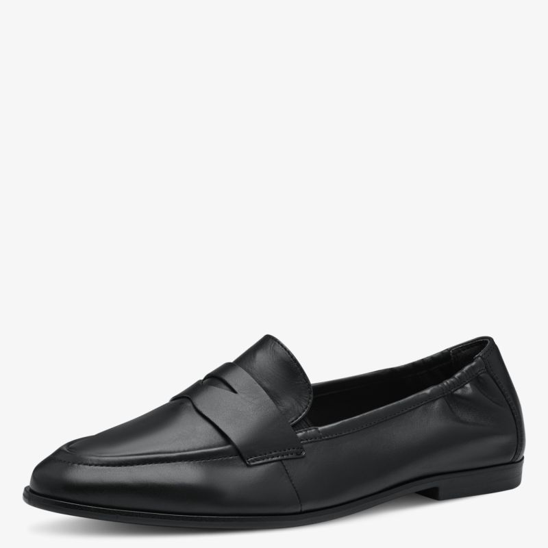 Eleganter schwarzer Loafer aus hochwertigem Leder mit glatter Oberfläche und bequemer flacher Sohle, seitliche Ansicht