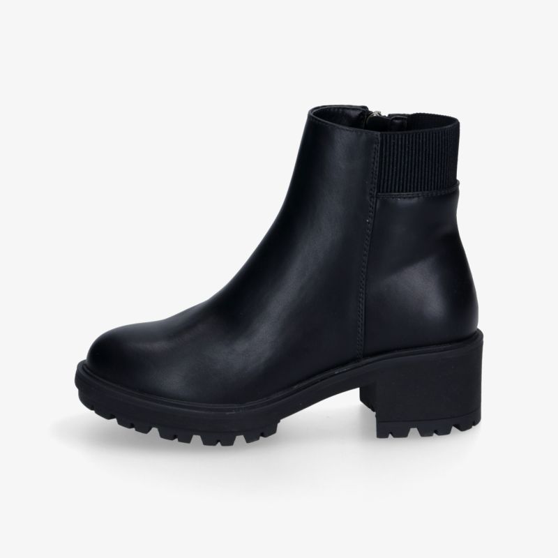 Schwarze Stiefelette seitlich mit robustem Blockabsatz und rutschfester Profilsohle aus glattem Leder