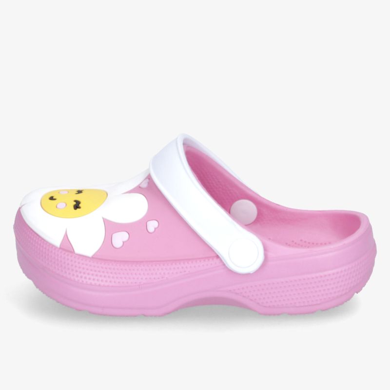 Pinkfarbener Clog mit fröhlichem Blumendesign und praktischem Riemen für vielseitigen Einsatz